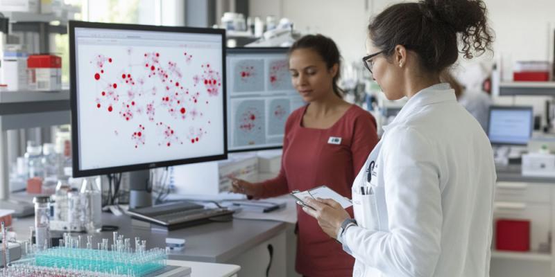 Two women engaged in technological research